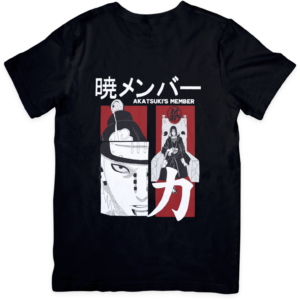 Akatsuki member anime t-shirt - featuring the iconic red cloud symbol and silhouettes of the enigmatic Akatsuki members from the Naruto series