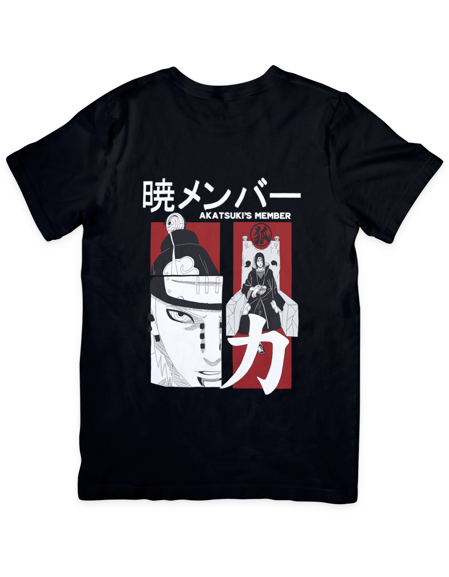 Akatsuki member anime t-shirt - featuring the iconic red cloud symbol and silhouettes of the enigmatic Akatsuki members from the Naruto series